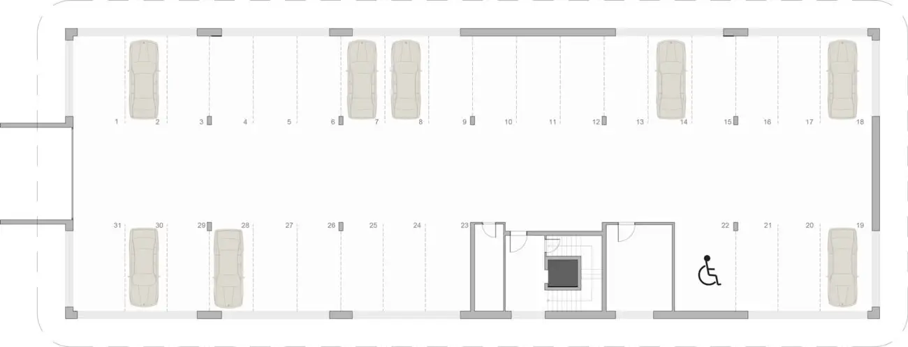 Parkovacie státia na predaj – pôdorys podzemnej garáže Rezidencia Arborétum s 31 parkovacími miestami
